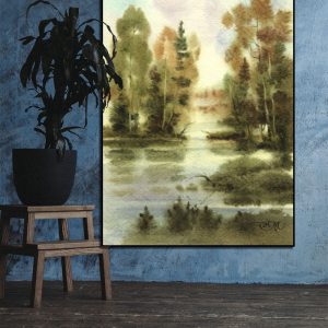Acuarela Pintura Abedul sobre el agua