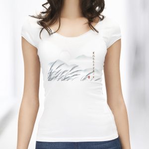 camiseta 001  Montañas lejanas y juncos Manga corte Cuello Redondo