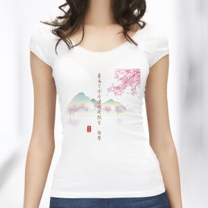camiseta 001  Montañas y flores de ciruelo Manga corte Cuello Redondo