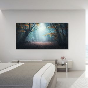 Fotografía – Hermoso bosque místico en la niebla azul en otoño