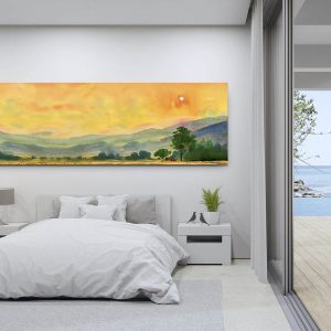 Acuarela pintura de paisaje colorido de la aldea, la montaña y el prado en la vista panorámica y la emoción sociedad rural