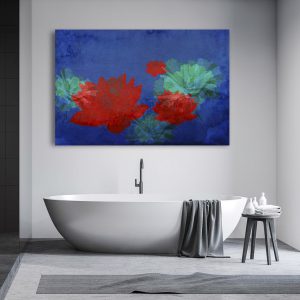 hermosa ilustración brillante de nenúfares rojos en flor con fondo de acuarela azul oscuro