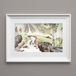 pintura de paisaje chino – Cascada y puente de piedra