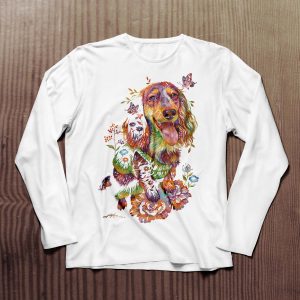 Camiseta Unisex manga larga – Perro y brotando flores y ramitas