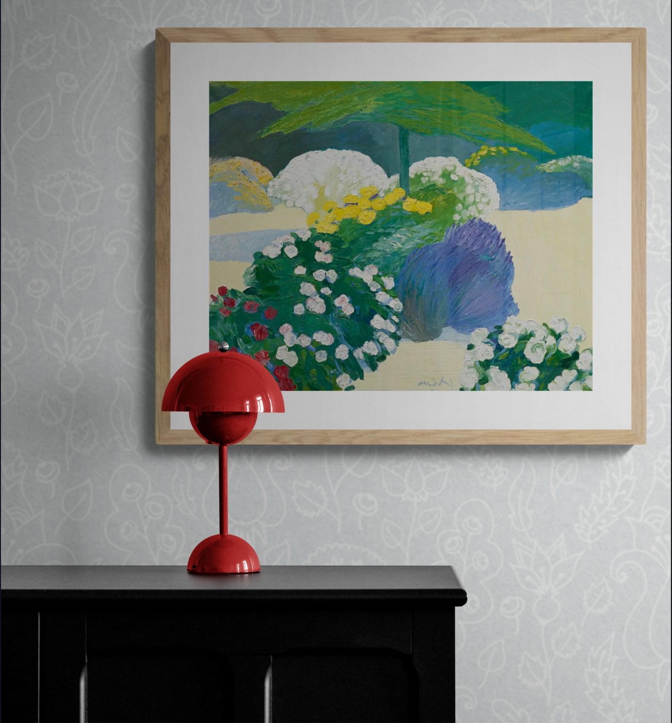 Garden Terrace with Blue Parasol room mockup 2